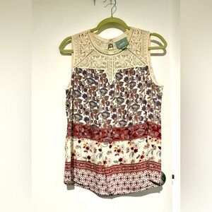 Anthropologie Floral Sleeveless Blouse with Lace